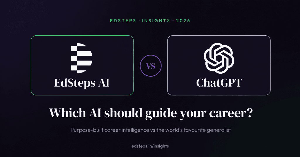 Comparison graphic: EdSteps AI versus ChatGPT for career guidance and admissions, 2026