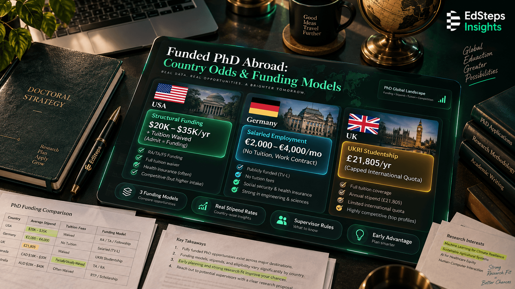 Comparison of funded PhD routes in the US, UK and Germany for Indian students, 2026